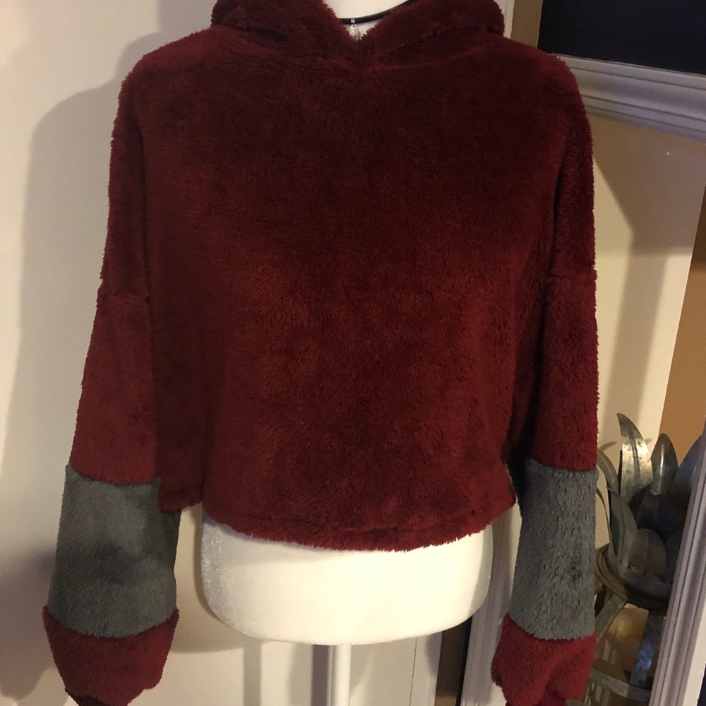 Burgundy/Gray Sherpa Teddy Pullover Hoodie